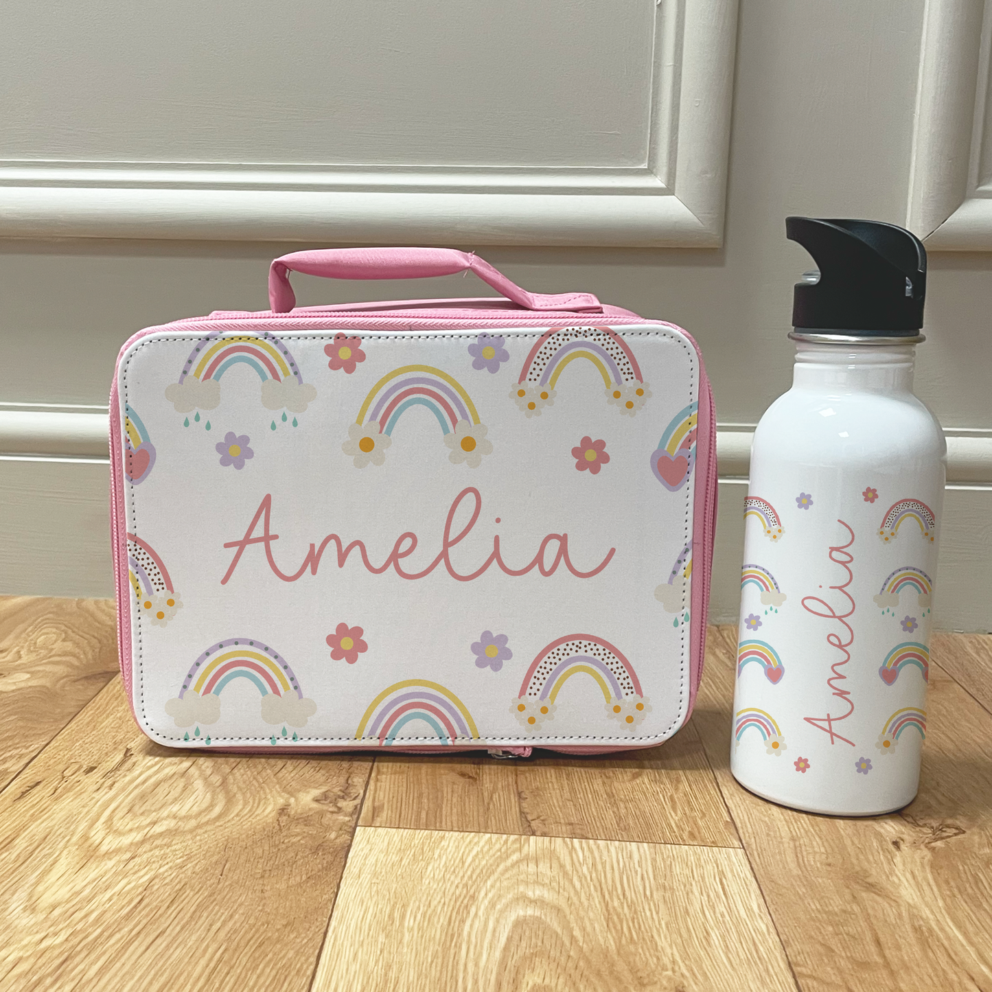 Personalised Pastel Rainbow Lunch Box & Bottle Set
