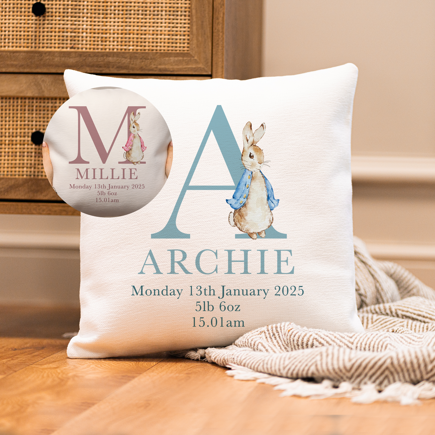 Personalised Bunny New Baby Cushion