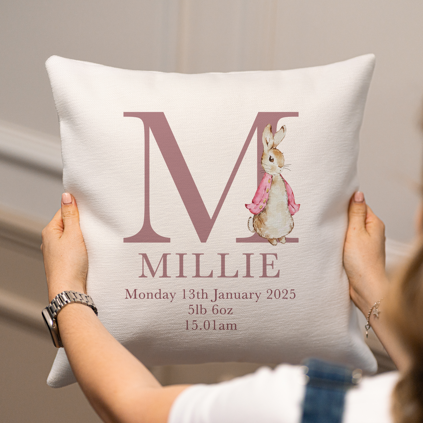 Personalised Bunny New Baby Cushion