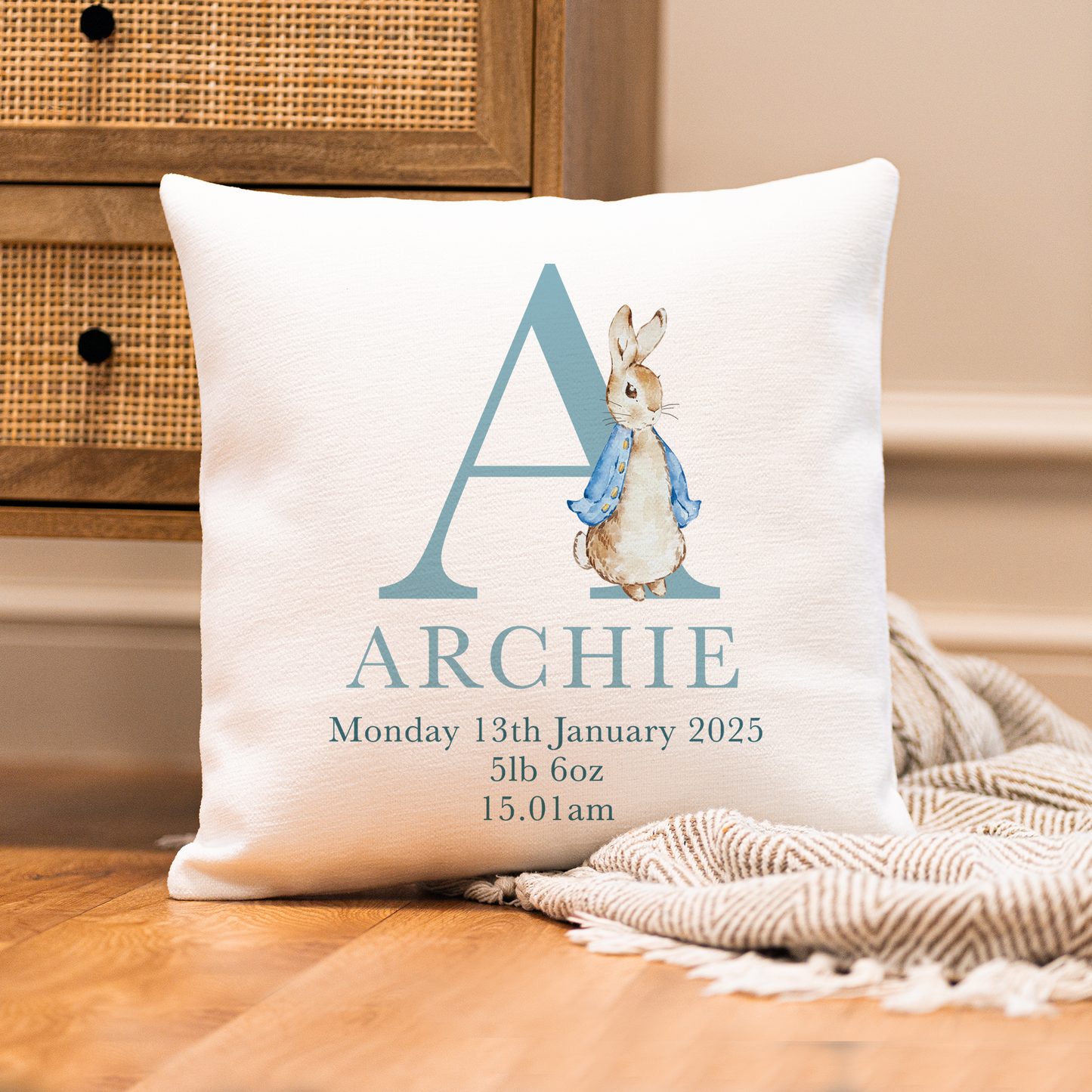 Personalised Bunny New Baby Cushion
