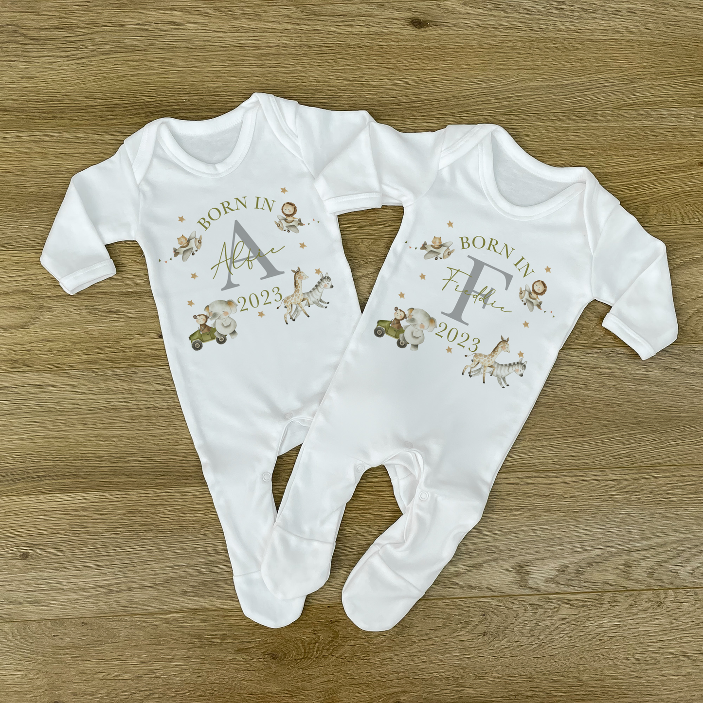 Personalised Born in *Year* Safari Baby Vest & Sleep Suit