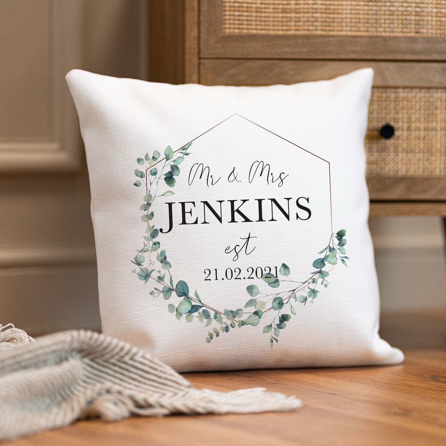 Personalised Eucalyptus Mr & Mrs Wedding Cushion