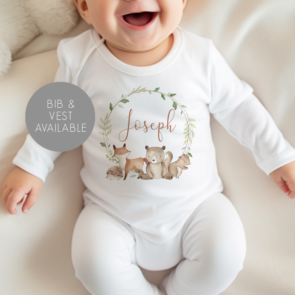 Personalised Woodland Baby Vest and Sleepsuit