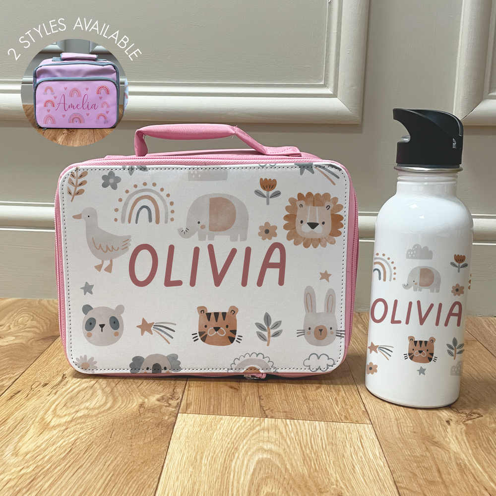 Personalised Boho Animals Lunch Bag & Bottle Set