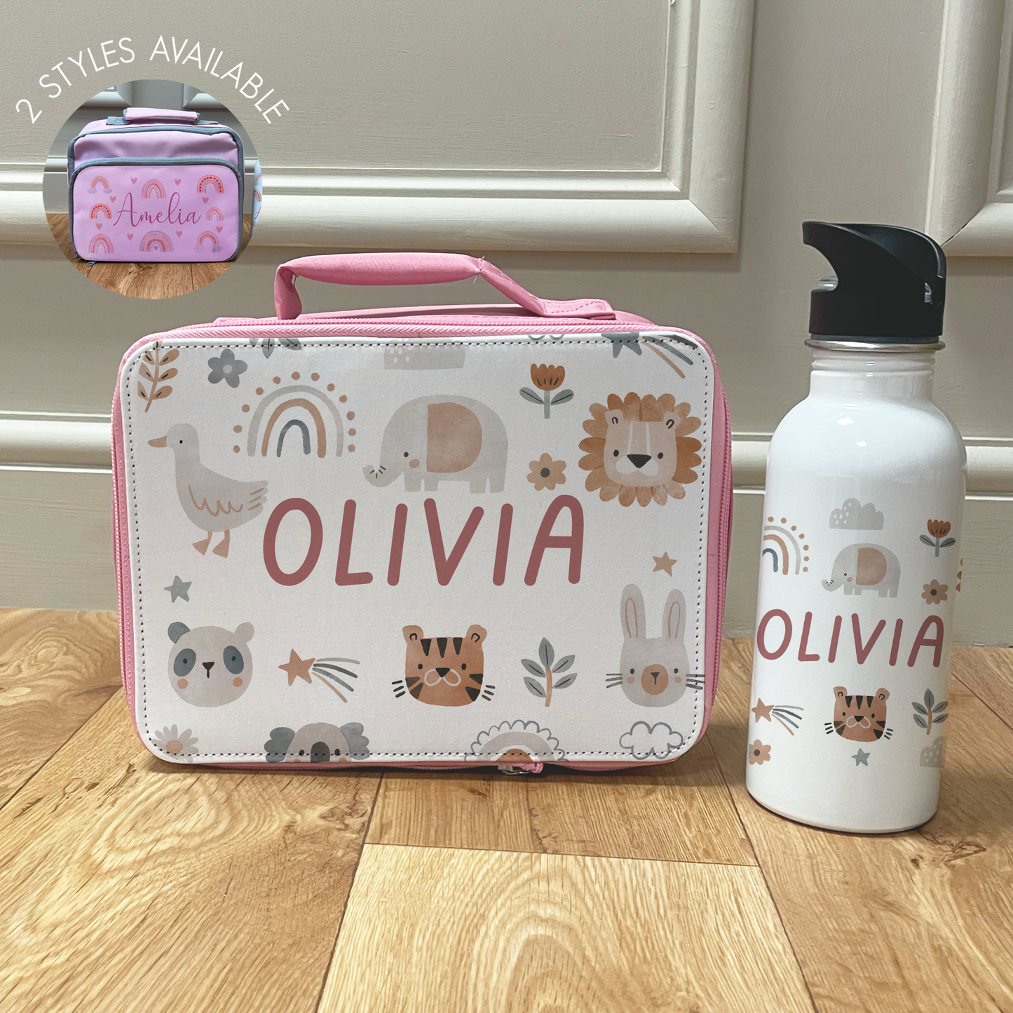 Personalised Boho Animals Lunch Bag & Bottle Set