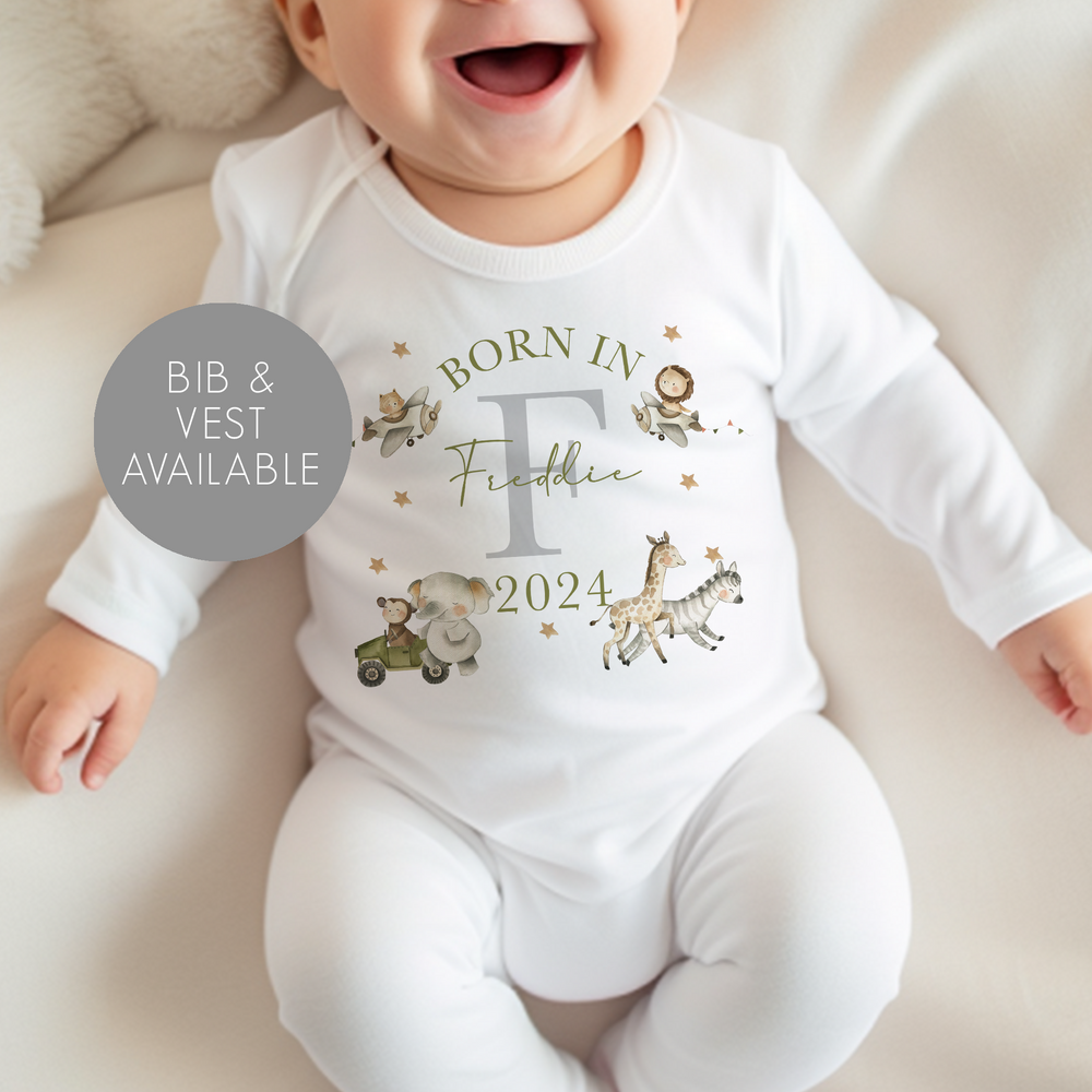 
                      
                        Personalised Born in *Year* Safari Baby Vest & Sleep Suit
                      
                    