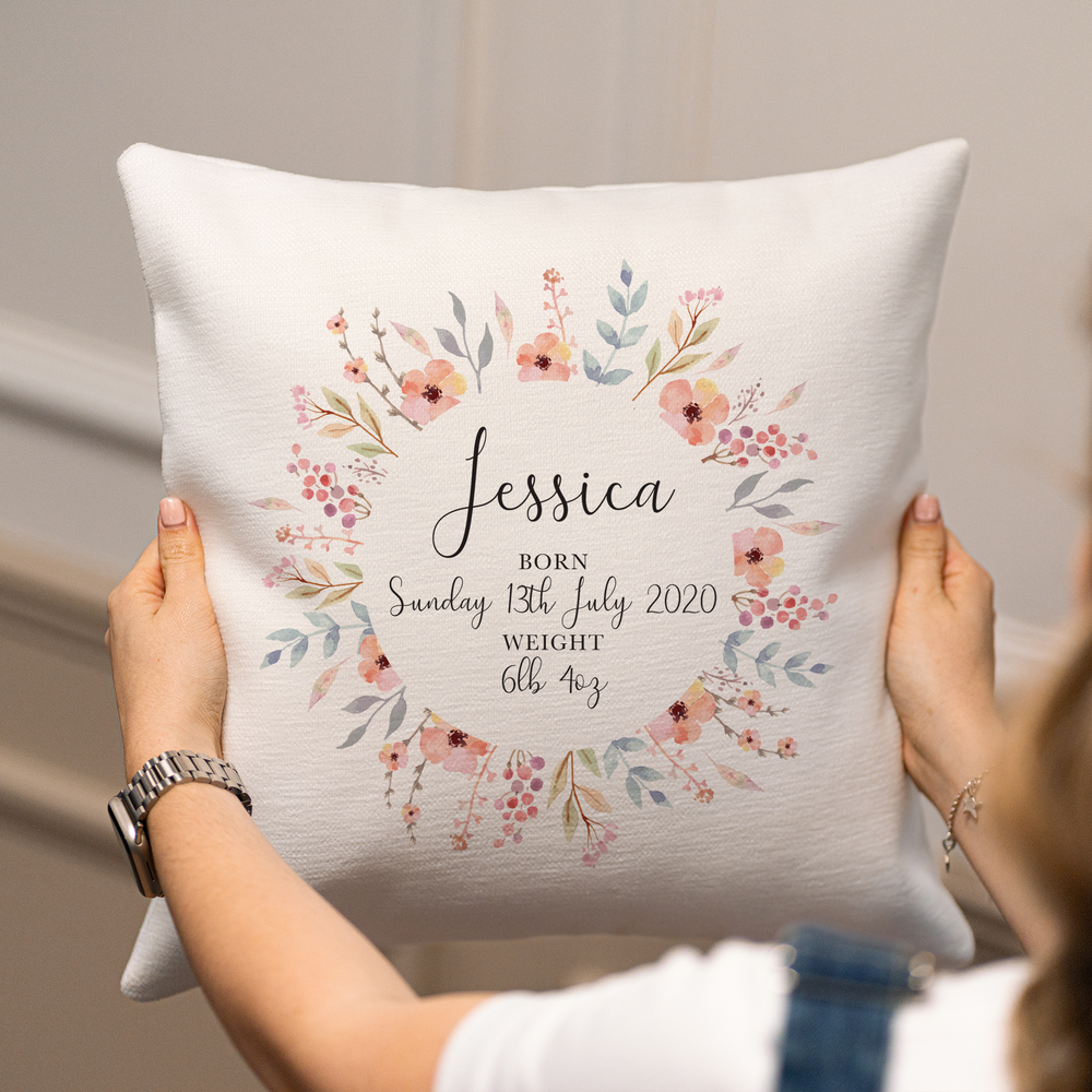 Personalised Floral Wreath Baby Cushion