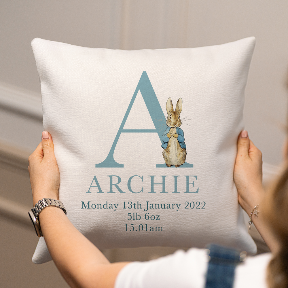 
                      
                        Personalised Peter Rabbit New Baby Cushion
                      
                    