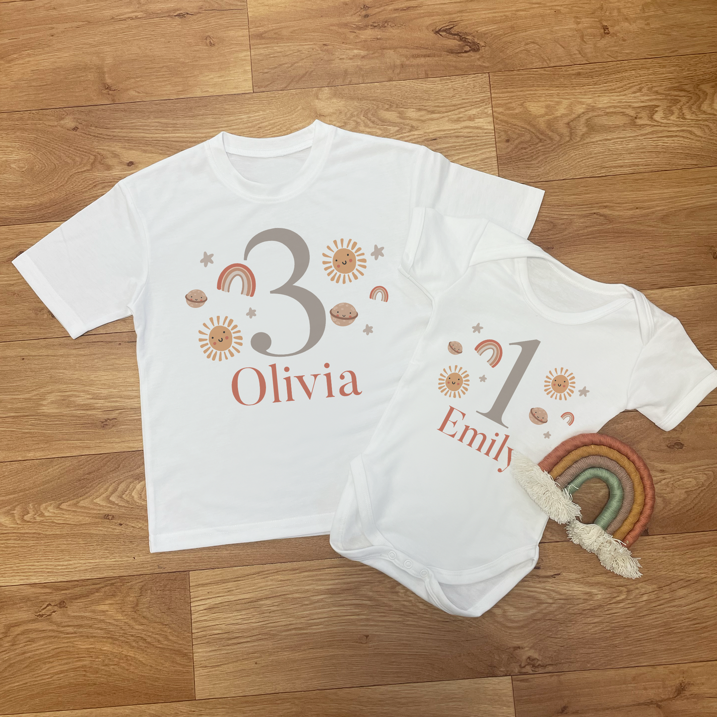 Personalised Birthday Sunshine & Rainbows T-Shirt & Baby Vest