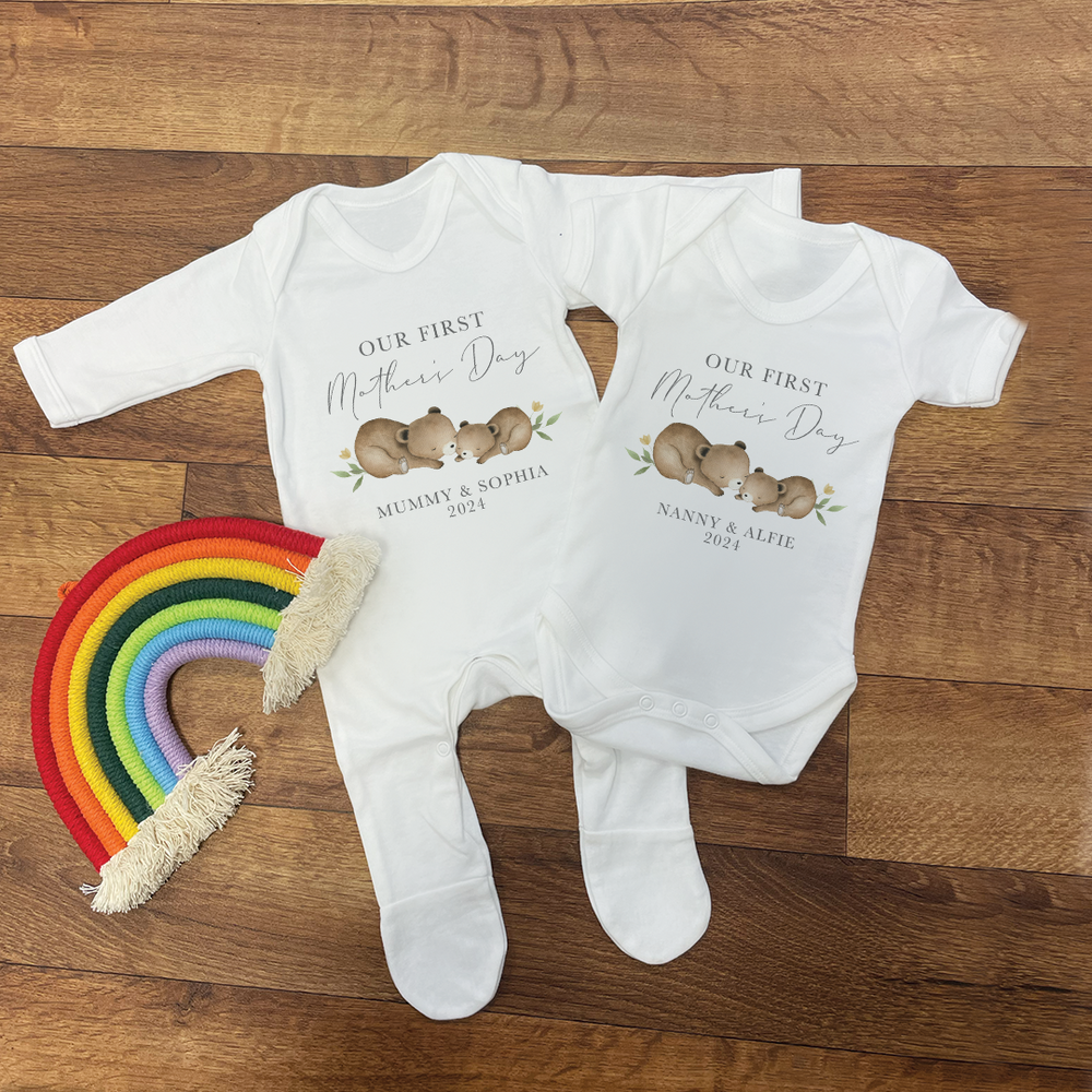 Personalised First Mother's Day Bear Baby Vest & Sleepsuit