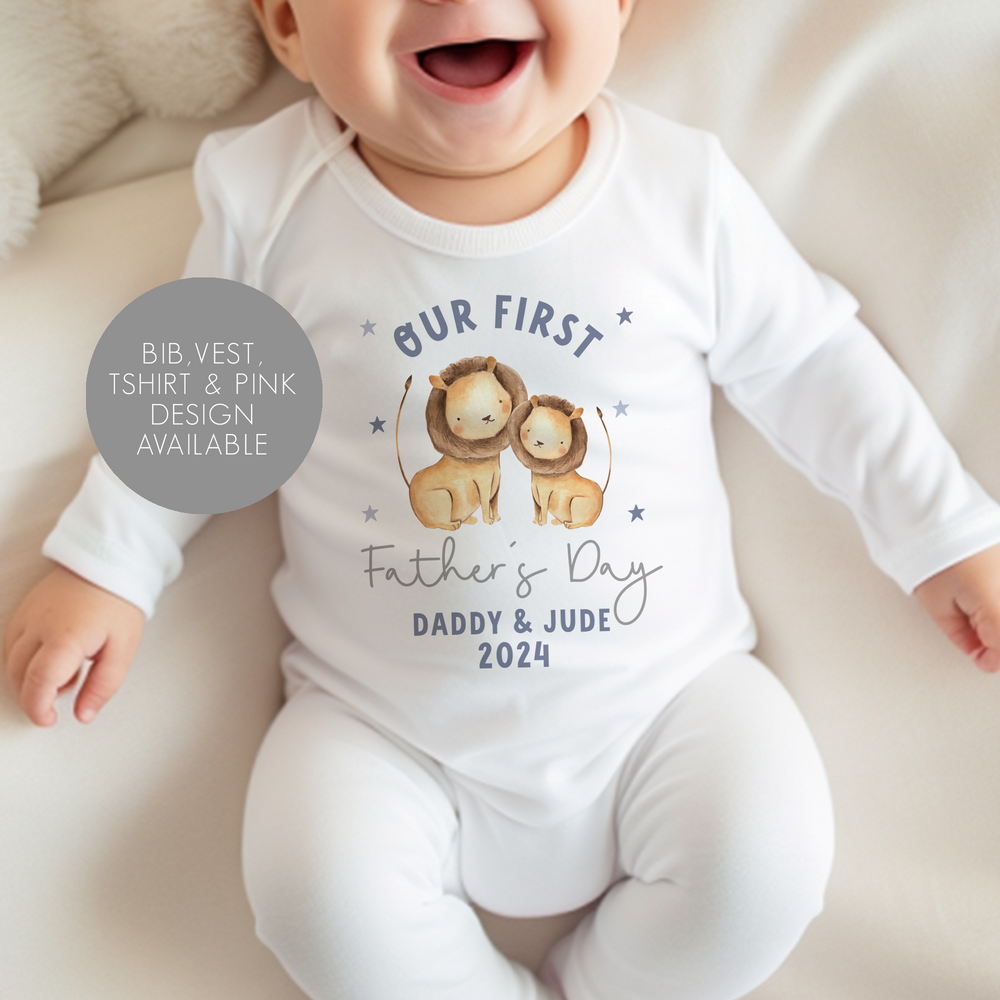 Personalised First Father's Day Lion Baby Vest and Sleepsuit