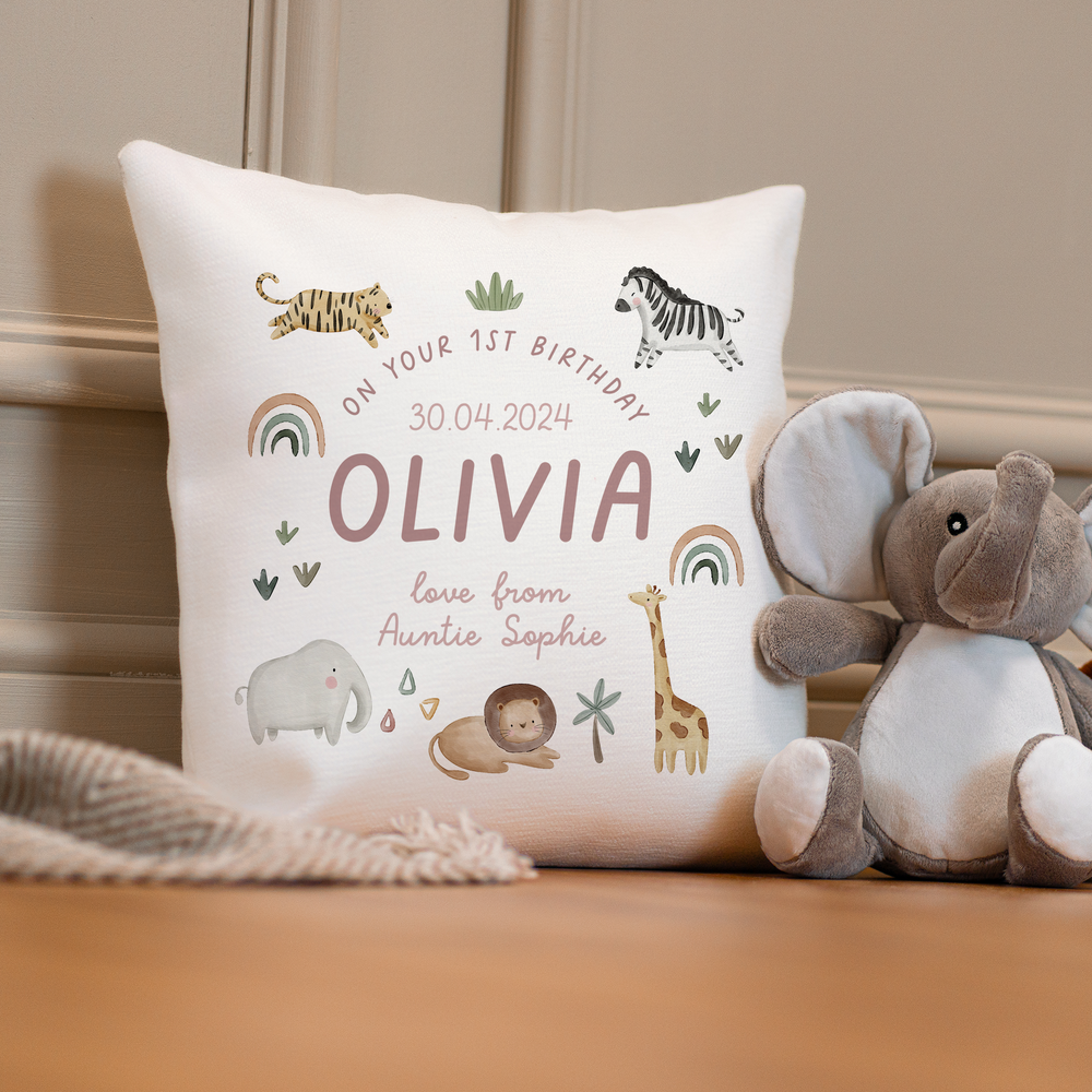 
                      
                        Personalised First Birthday Jungle Cushion
                      
                    