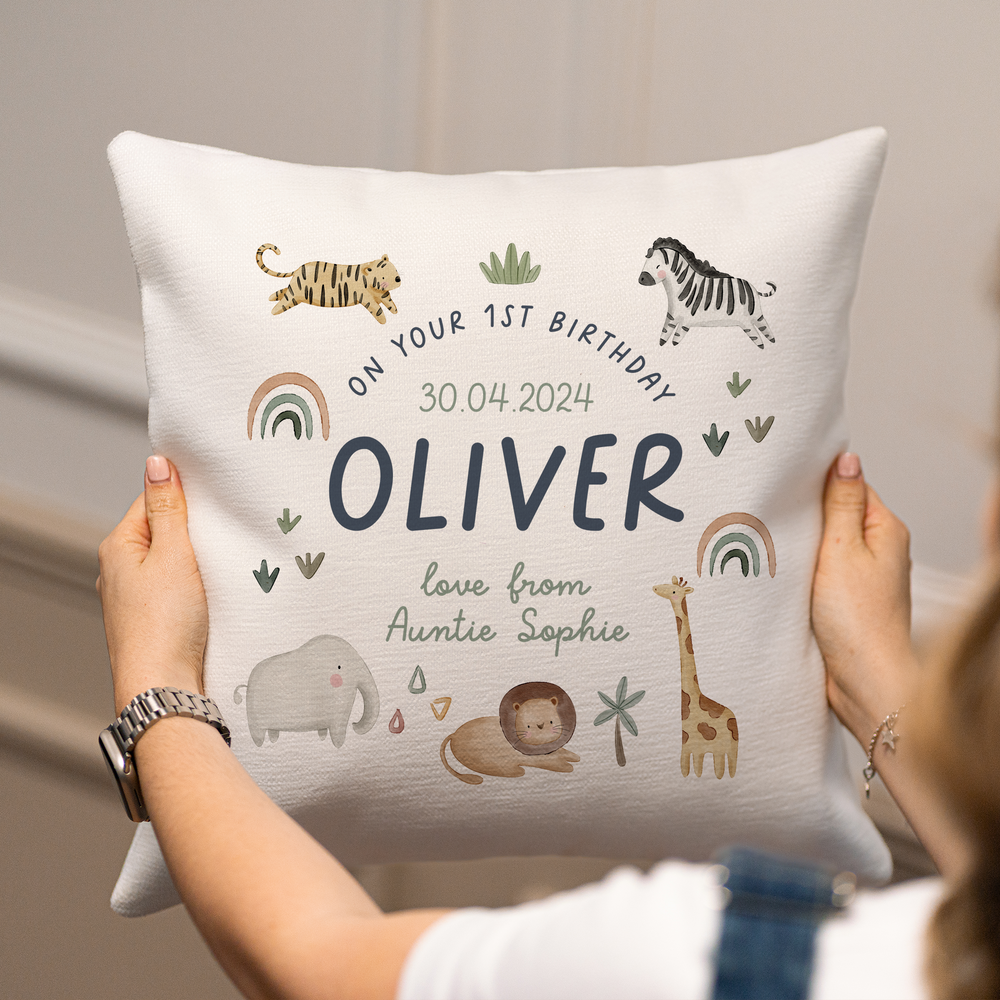 
                      
                        Personalised First Birthday Jungle Cushion
                      
                    