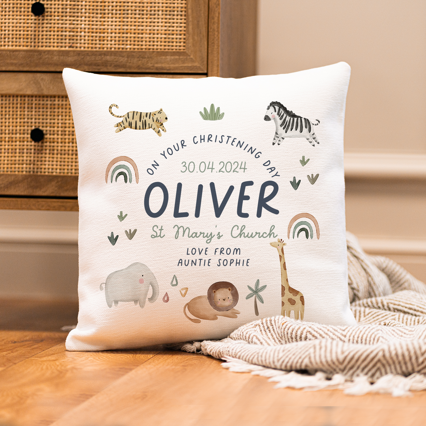 Personalised Jungle Christening & Baptism Cushion