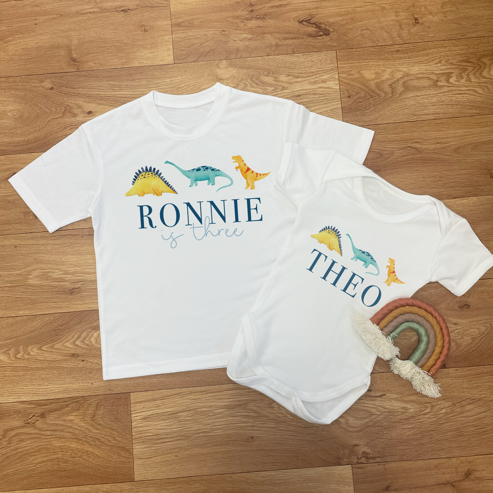 
                      
                        Personalised Dinosaur Birthday T-Shirt & Baby Vest
                      
                    