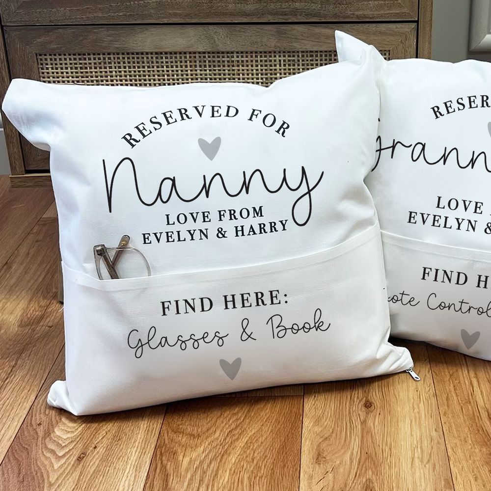 
                      
                        Personalised Reserved for Nanny / Mummy Pocket Cushion
                      
                    