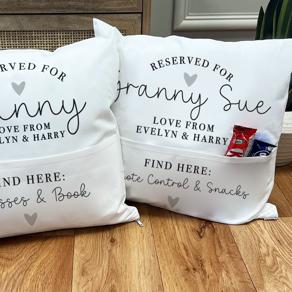 
                      
                        Personalised Reserved for Nanny / Mummy Pocket Cushion
                      
                    