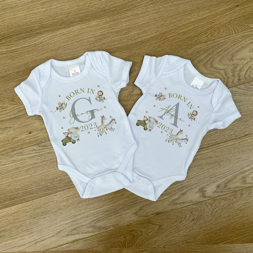 Personalised Born in *Year* Safari Baby Vest & Sleep Suit