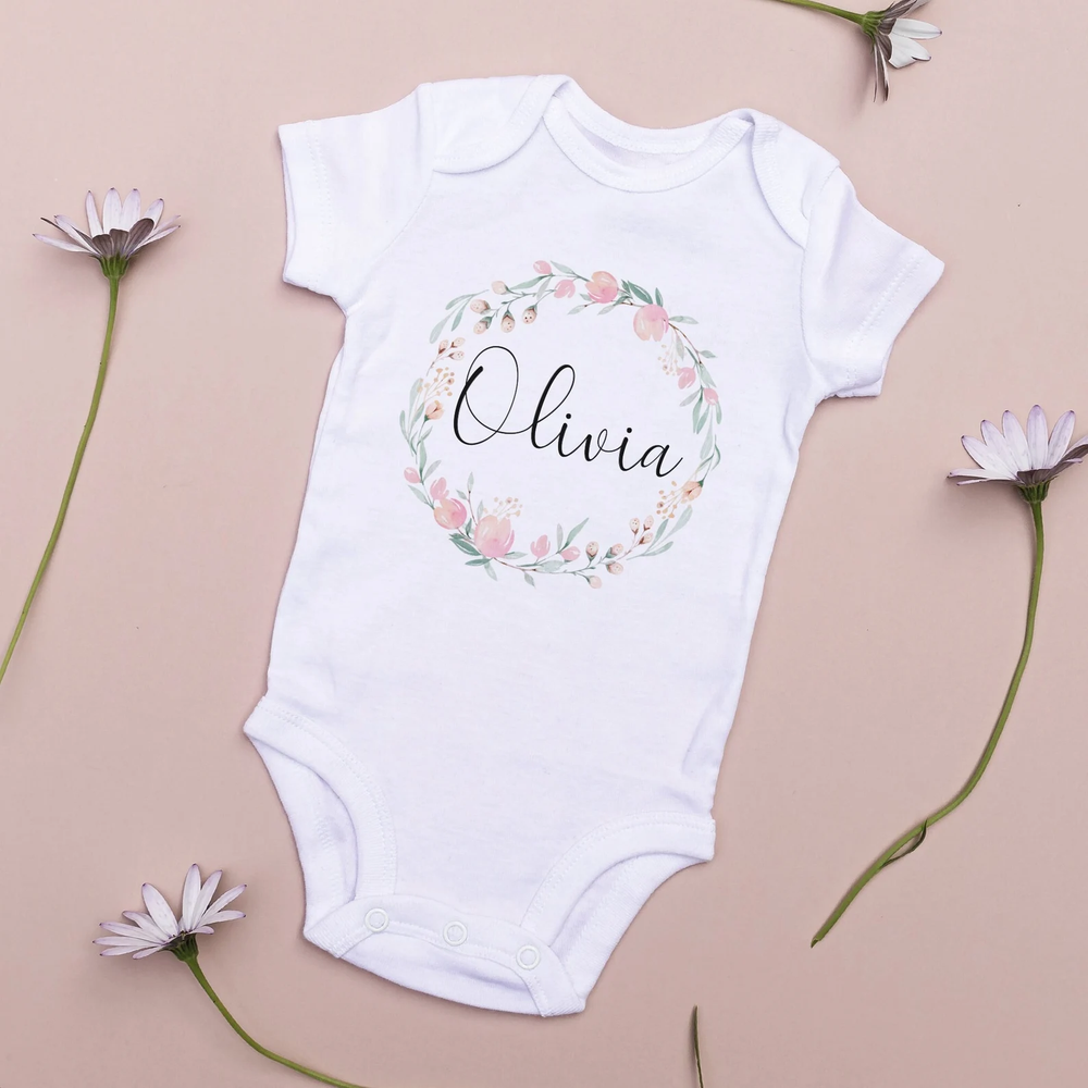 Personalised Floral Wreath Name Baby Vest