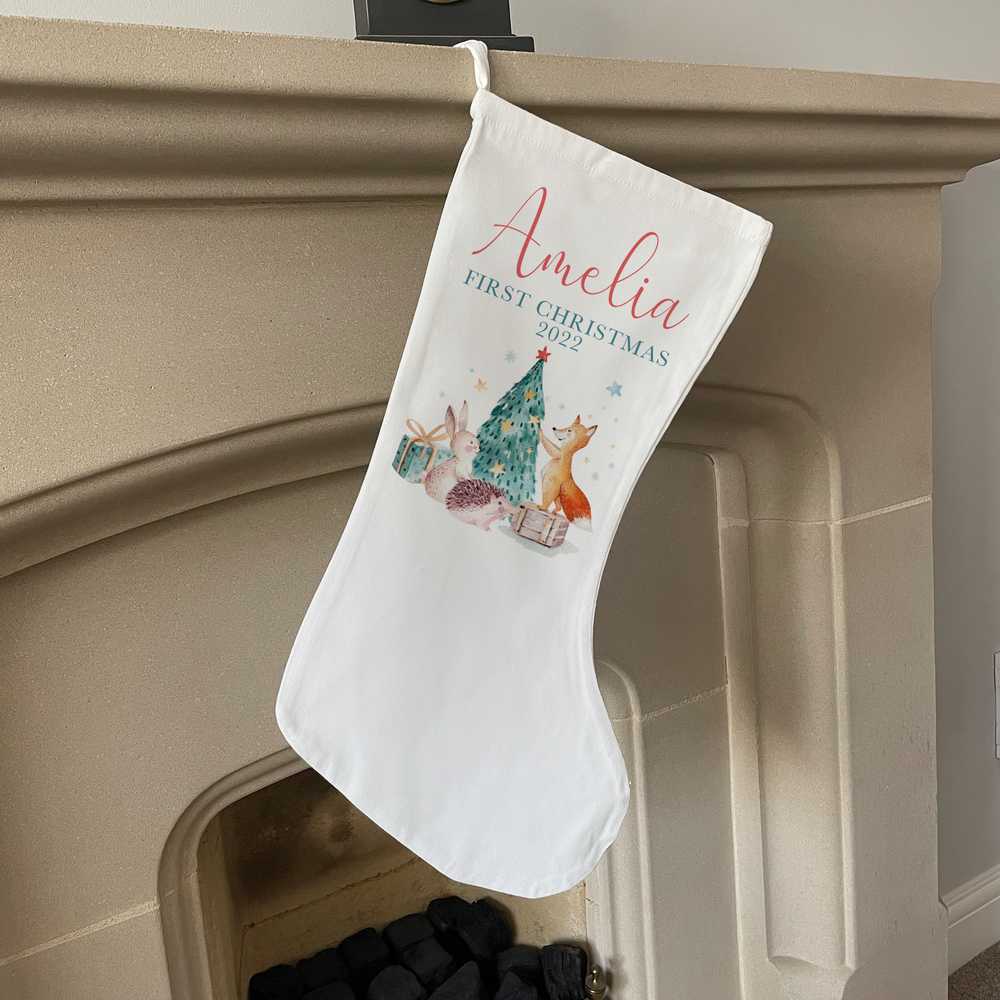 Personalised Woodland First Christmas Stocking