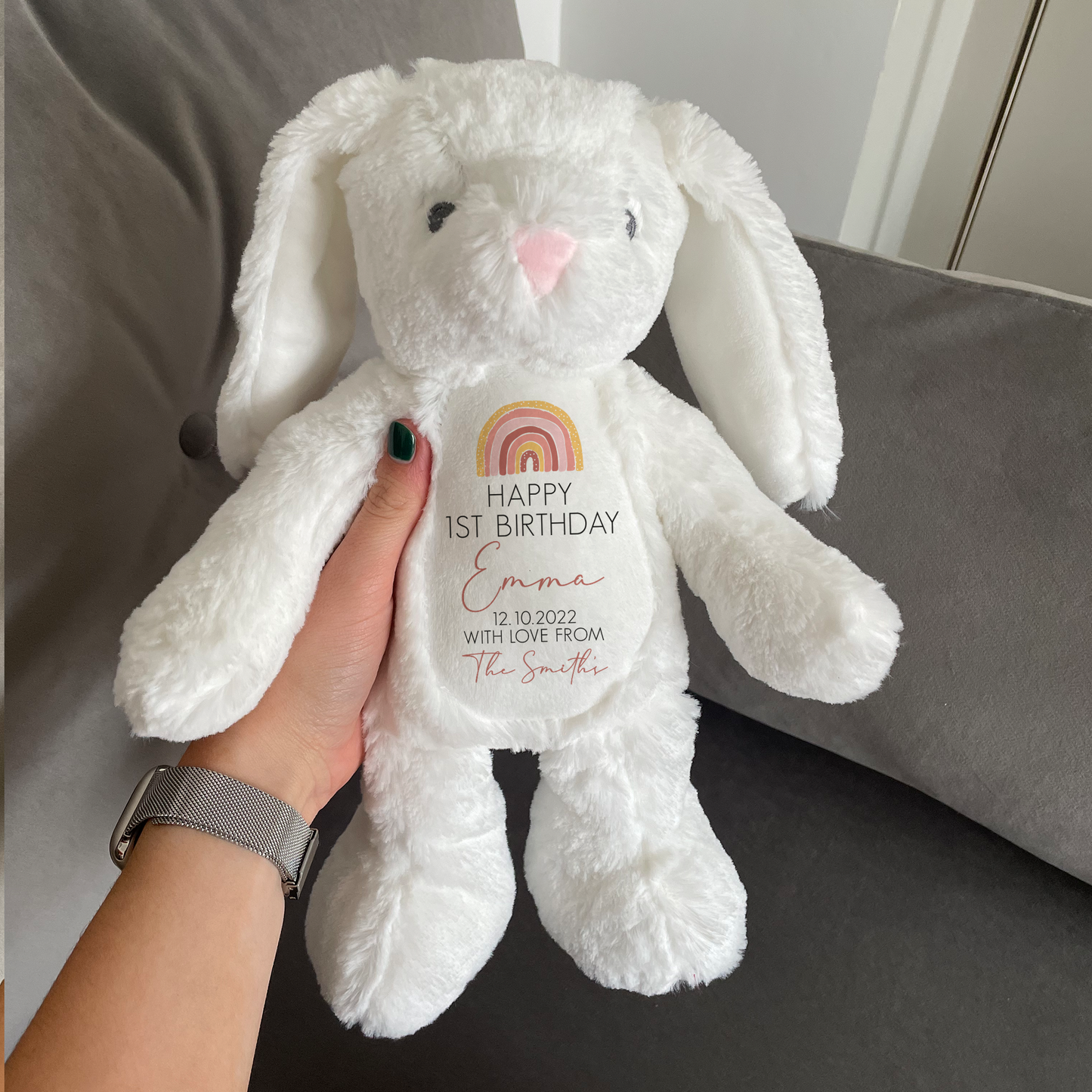 Personalised First Birthday Rainbow Bunny Teddy