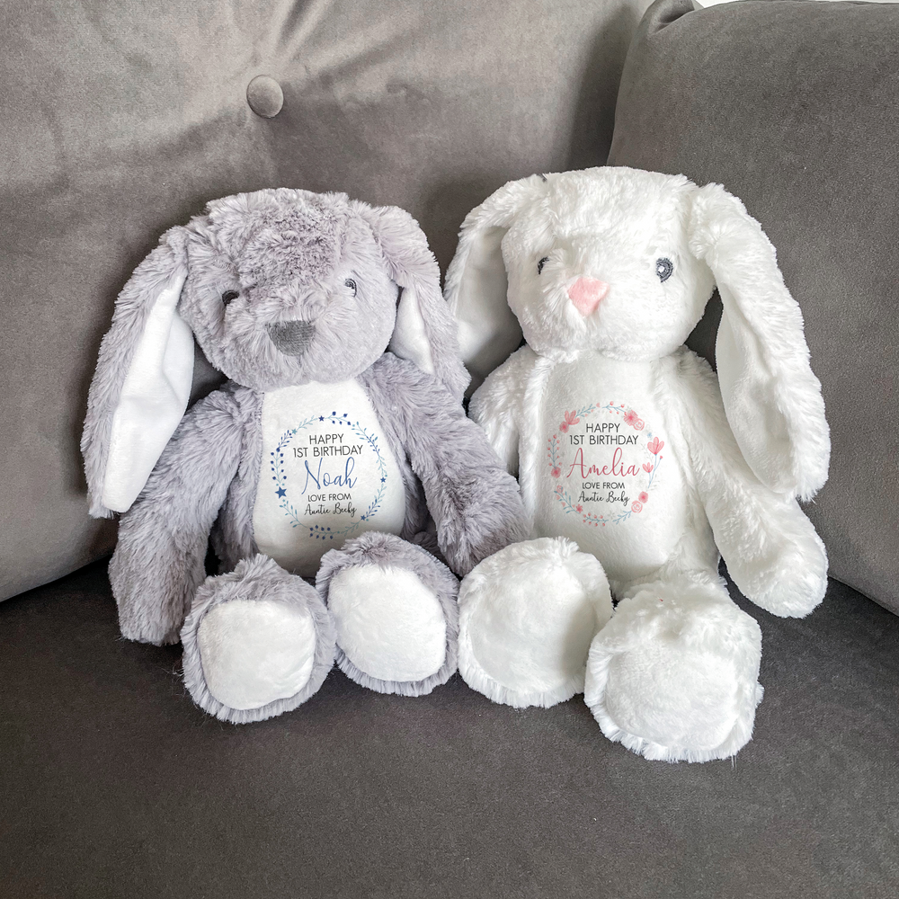 Personalised First Birthday Bunny Teddy Jean and Moon